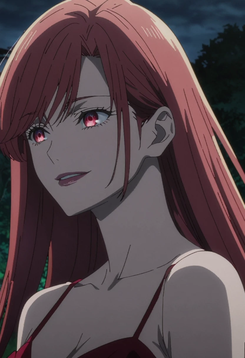 1girl, female gojo satoru, anime screencap from jujutsu kaisen, gojo satoru female version, solo, very long straight red_hair, ((smooth texture hair)) Red eyes ((very long red_hair)), night view, breasts, upper_body, smile, bangs, Red_eyes, lips, () (( very long straight hair, swept bangs)) wearing red color party dress, bare shoulder , collarbone, breast, "very detailed and high resolution" (Red eyes) ((solo)) ((high resolution))  (Good quality)  