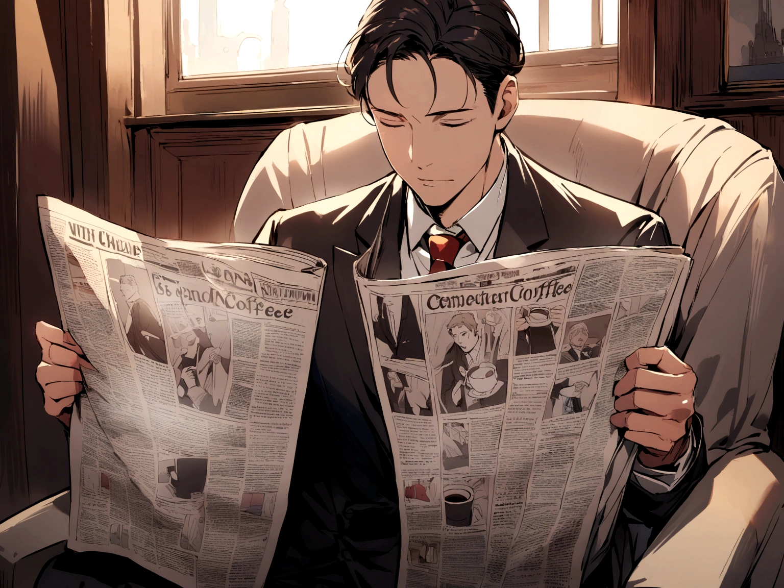 A man in formal clothes reading a newspaper, with an image of a cup of coffee