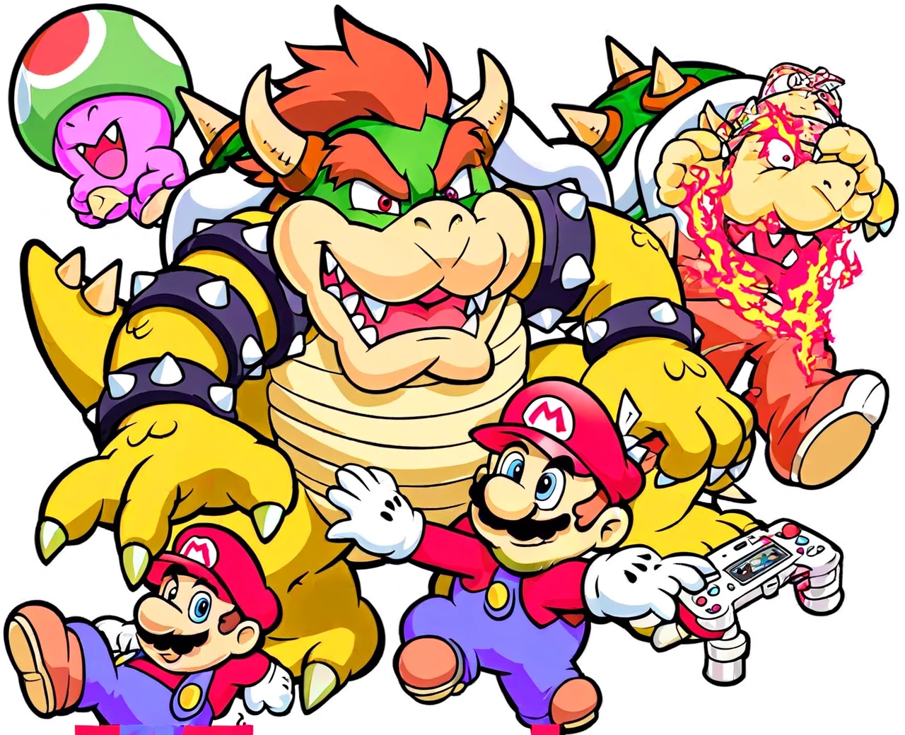 a cartoon image of a super mario bros character with a ball, bowser nintendo, bowser, fire breathing. bowser, koopa, goron brute, mario, video game characters designs, inspired by Luigi Kasimir, nintendo game art, spiky, spiky skin, official art, video game character art, inspired by Mario Bardi, nintendo, spike shell, :3