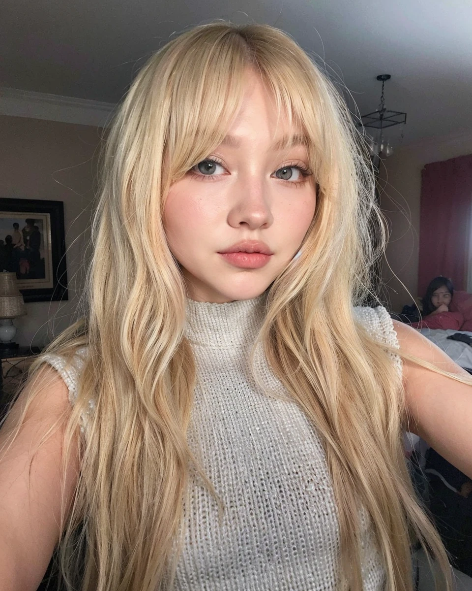 blonde woman with long hair and white dress posing for a photo, A girl with blonde hair, with long blonde hair, linda mulher sul-korean, parque roseanne de blackpink, long blonde hair and big eyes, white hime cut hairstyle, fair skin curly blonde hair, with white long hair, Linda jovem korean,  korean, Heonhwa Choe