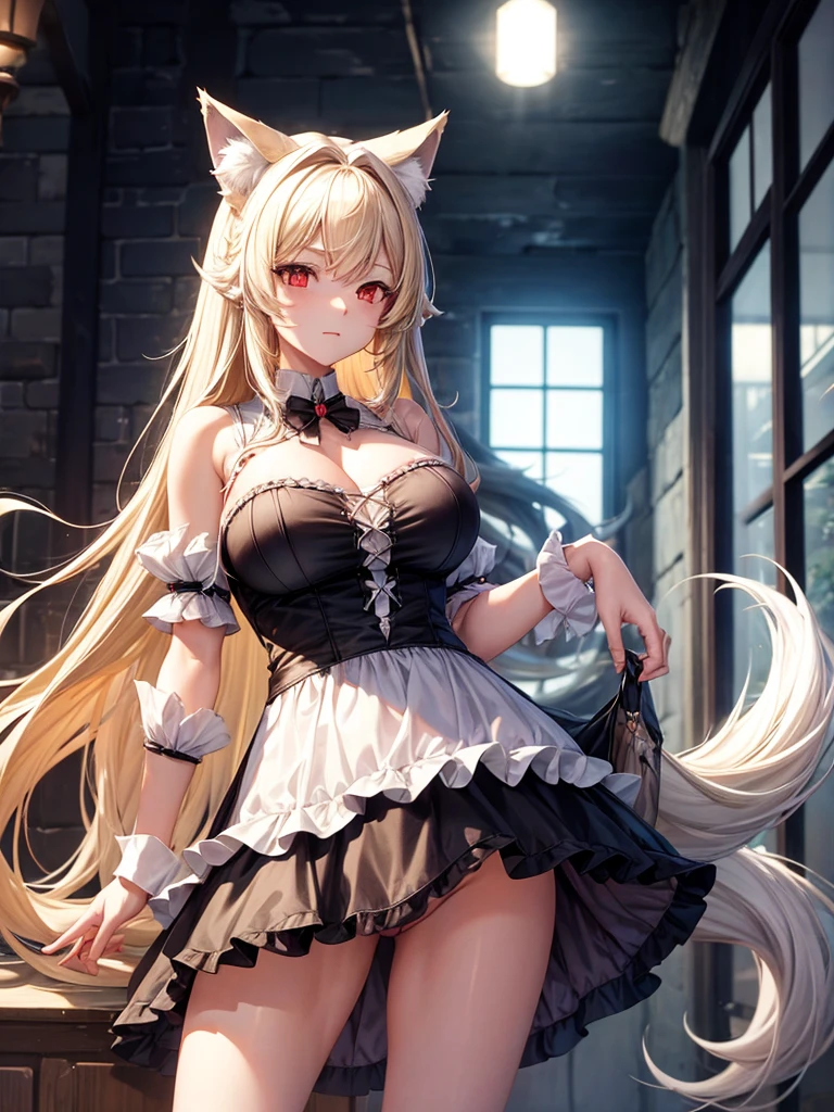 Female wolf, wears short maid clothes showing her panties, has long fluffy blonde hair, has red eyes, has large breasts, He has wolf ears and a wolf tail.