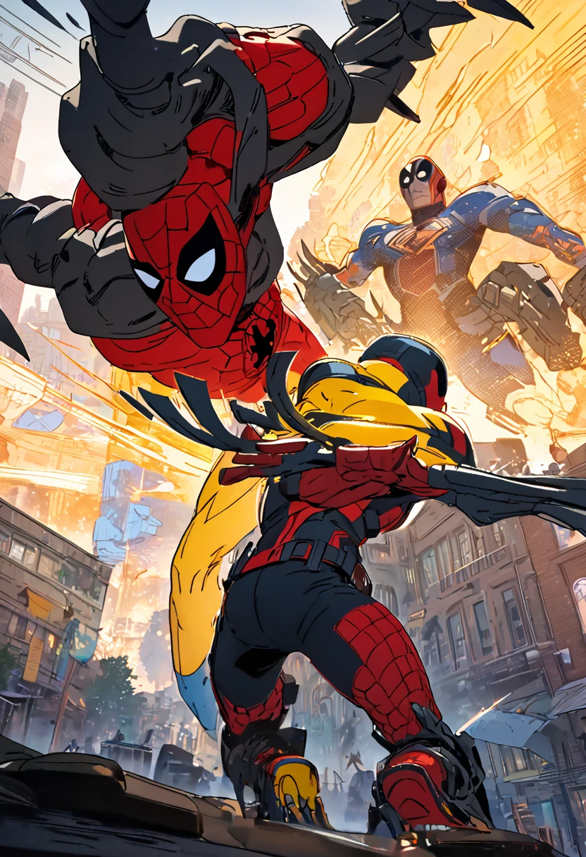 (Masterpiece artwork, 8K, uhd, high resolution: 1.4), Dynamic portrayal of Deadpool and Wolverine in Spider-Verse style, (stylized and vibrant features: 1.3), (Deadpool in red and black costume, ironic and expressive pose: 1.2), (Wolverine in classic yellow and blue costume, extended adamantium claws: 1.2), (comic animation elements, with hand-drawn textures and shadows: 1.2), (background with colorful and energetic urban scenery: 1.1), (action and comedy atmosphere: 1.3), Intricate, vibrant details, (fantasy and adventure elements: 1.2), (dynamic and captivating perspective: 1.3)