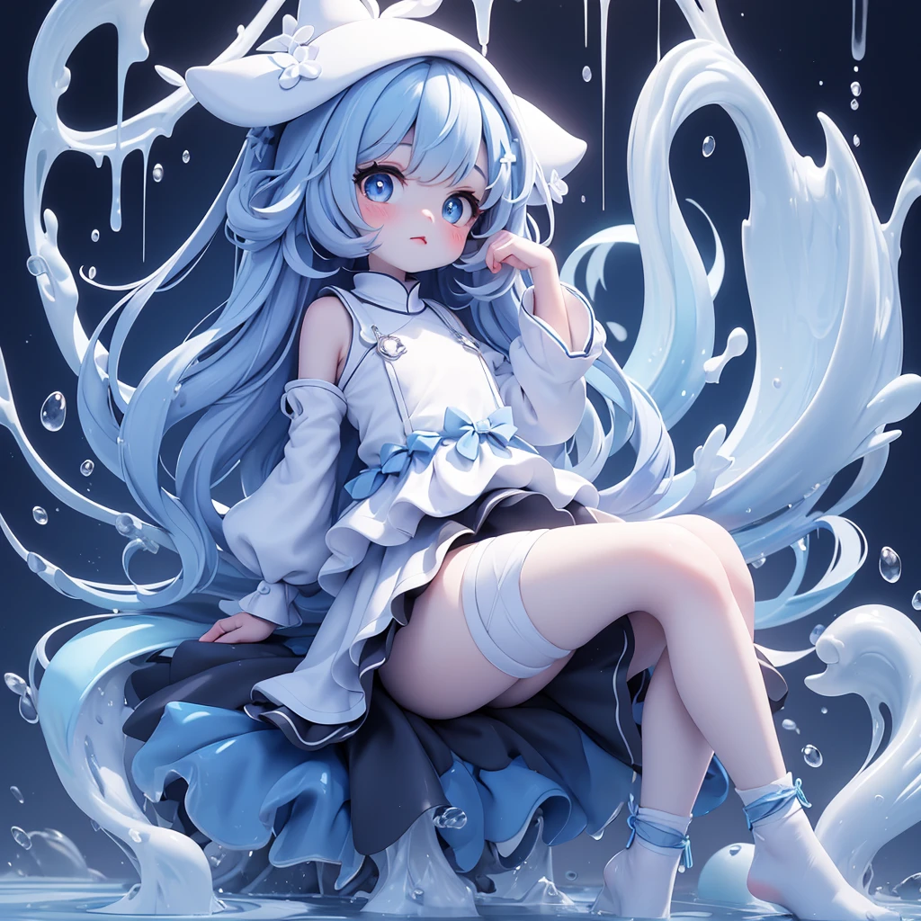 Cute girl , sitting, picture only dark blue and white, vulva reveal, colorless skin color, white skin color, girl, dark blue, long straight hair, dark blue hair, hot, vulva reveal, full character, hot, cute eyes, big eyes, big black pupils, cute big pupils, vulva reveal, blue liquid came out vulva dripping, dark blue vulva