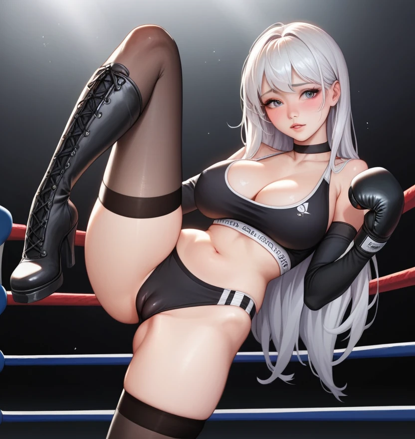 korean beautifull girl，18 years old,Pretty Face，Good shape，detailed picture, Shy expression， blush，White long hair, Wear sexy sportswear，Wear black pantyhose，high-heel boots, Wearing black boxing gloves，Black sleeves on arms, Side kick in the boxing ring，Large Breasts,Cleavage,Long legs，Thin waist，nipple，Camel toe