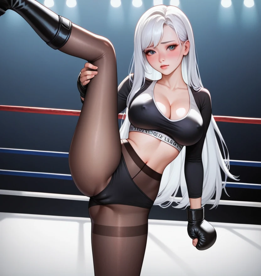 korean beautifull girl，18 years old,Pretty Face，Good shape，detailed picture, Shy expression， blush，White long hair, Wear sexy sportswear，Wear black pantyhose，high-heel boots, Wearing black boxing gloves，Black sleeves on arms, Side kick in the boxing ring，Large Breasts,Cleavage,Long legs，Thin waist，nipple，Camel toe