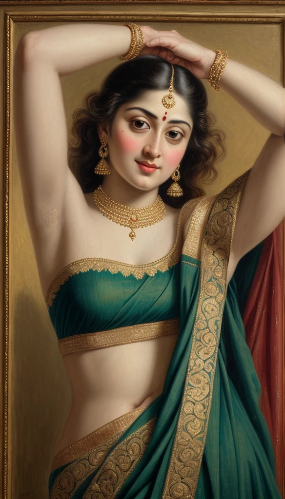 Looks like Sandeepa Dhar, Beautiful Indian Woman, wearing saree, sari Beauty, gorgeous, Apsara, Maharani, royal queen woman, nymph from Hindu Mythology, Urvashi, matchless beauty, Highly detailed, Oil Painting by Peter Paul Rubens inspired by Raja Ravi Varma, Matchless beauty, captivating, gorgeous, heavenly beauty, celestial beauty, by Peter Paul Rubens, 13, realistic, hyper realistic, micro details, incredible artwork, insane details, ultra High resolution, 8k, 32k, acrylic on canvas, intricate, flawless, detailed, detailed face, detailed eyes, masterpiece, by Peter Paul Rubens, by Caravaggio, by William Adolphe bouguereau, perfect face, perfect body, beautiful art, realism, baroque, renaissance Art, highly textured, beautiful and detailed eyes, uhd, best quality,
