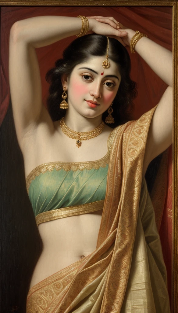 Looks like Sandeepa Dhar, Beautiful Indian Woman, wearing saree, sari Beauty, gorgeous, Apsara, Maharani, royal queen woman, nymph from Hindu Mythology, Urvashi, matchless beauty, Highly detailed, Oil Painting by Peter Paul Rubens inspired by Raja Ravi Varma, Matchless beauty, captivating, gorgeous, heavenly beauty, celestial beauty, by Peter Paul Rubens, 13, realistic, hyper realistic, micro details, incredible artwork, insane details, ultra High resolution, 8k, 32k, acrylic on canvas, intricate, flawless, detailed, detailed face, detailed eyes, masterpiece, by Peter Paul Rubens, by Caravaggio, by William Adolphe bouguereau, perfect face, perfect body, beautiful art, realism, baroque, renaissance Art, highly textured, beautiful and detailed eyes, uhd, best quality,