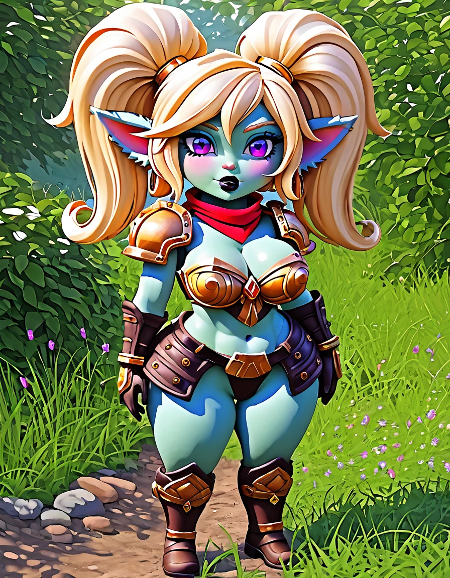 (Masterpiece), huge hips, mature woman, thick, curvy, voluptuous, saggy, scenery, solo, Shiny skin, Source_anime,
middle breasts, black lipstick, bimbolips, big lips, cleavage,
navel, earrings, pointy ears, PoppyLoLXL, yordle, shortstack, purple eyes, blonde hair, twintails, blue skin, colored skin, golden armor, red scarf,green snakeskin shirt, green snakeskin pants, brown boots,
