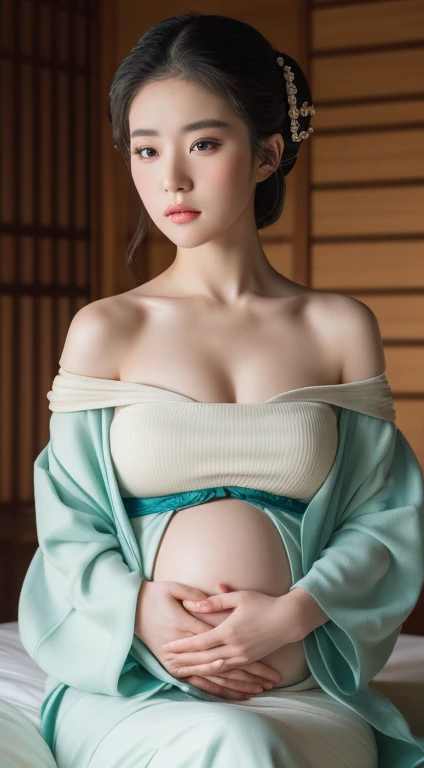 ((Best quality, 8k, Masterpiece :1.3)), Sharp focus :1.2, ((18years.Beautiful geisha in kimono.bare shoulders,Is pregnant. Pregnant belly))sitting in the room. On the bed. °Highly detailed face , looking at the viewer , texture, Detailed eyes, Double eyelid_mix4, 20d,Hiper-realistis:1.37),16K HD,