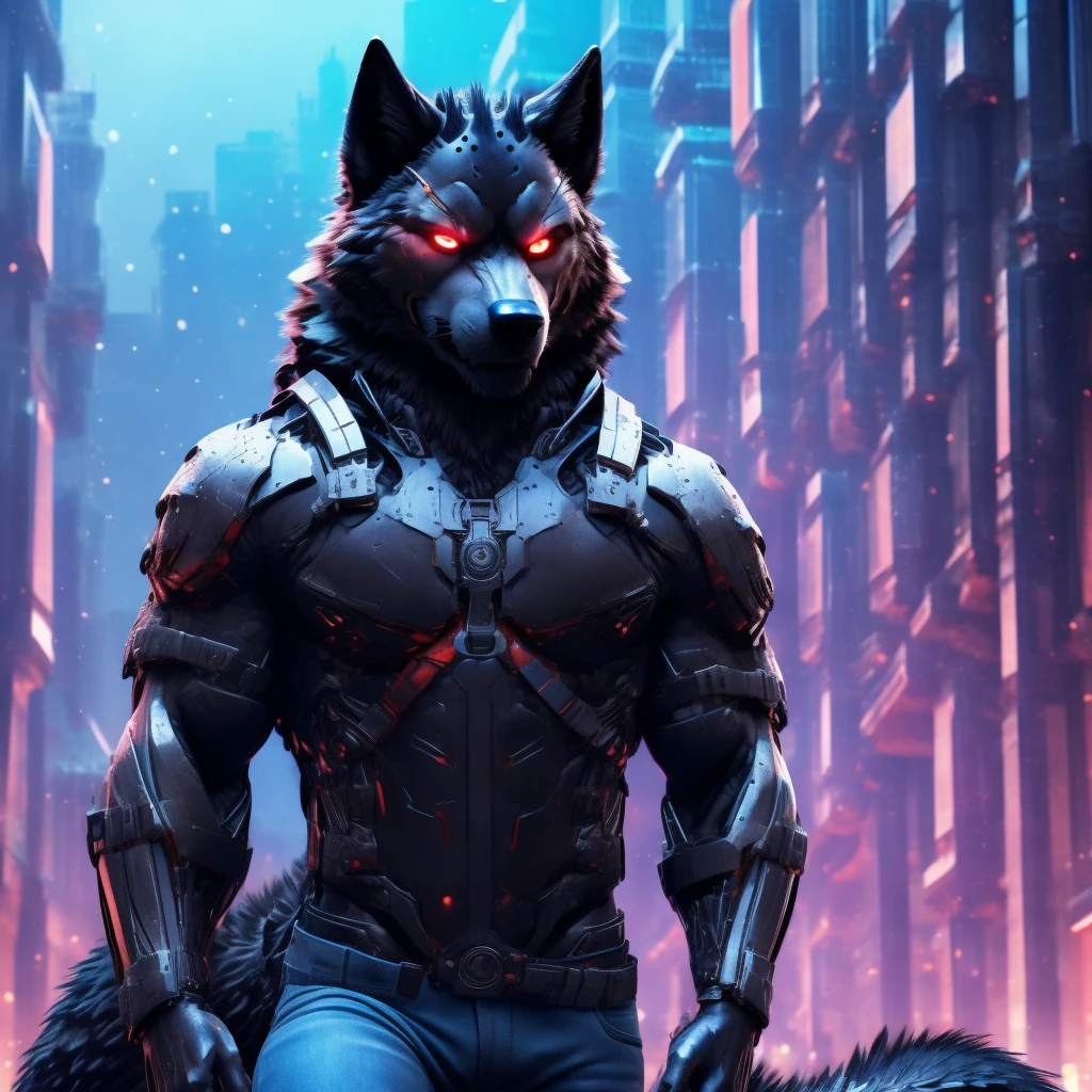 Posing, Male, 30 years old, snarl, visor, purple glowing eyes , anthro,  wolf ears, (black fur:1.5), cyber wolf, city background, 8k, hi res, (best quality, masterpiece), (wolf tail:1.5), detailed fur, solo, looking at camera, night, black leather jacket, Blue jeans,