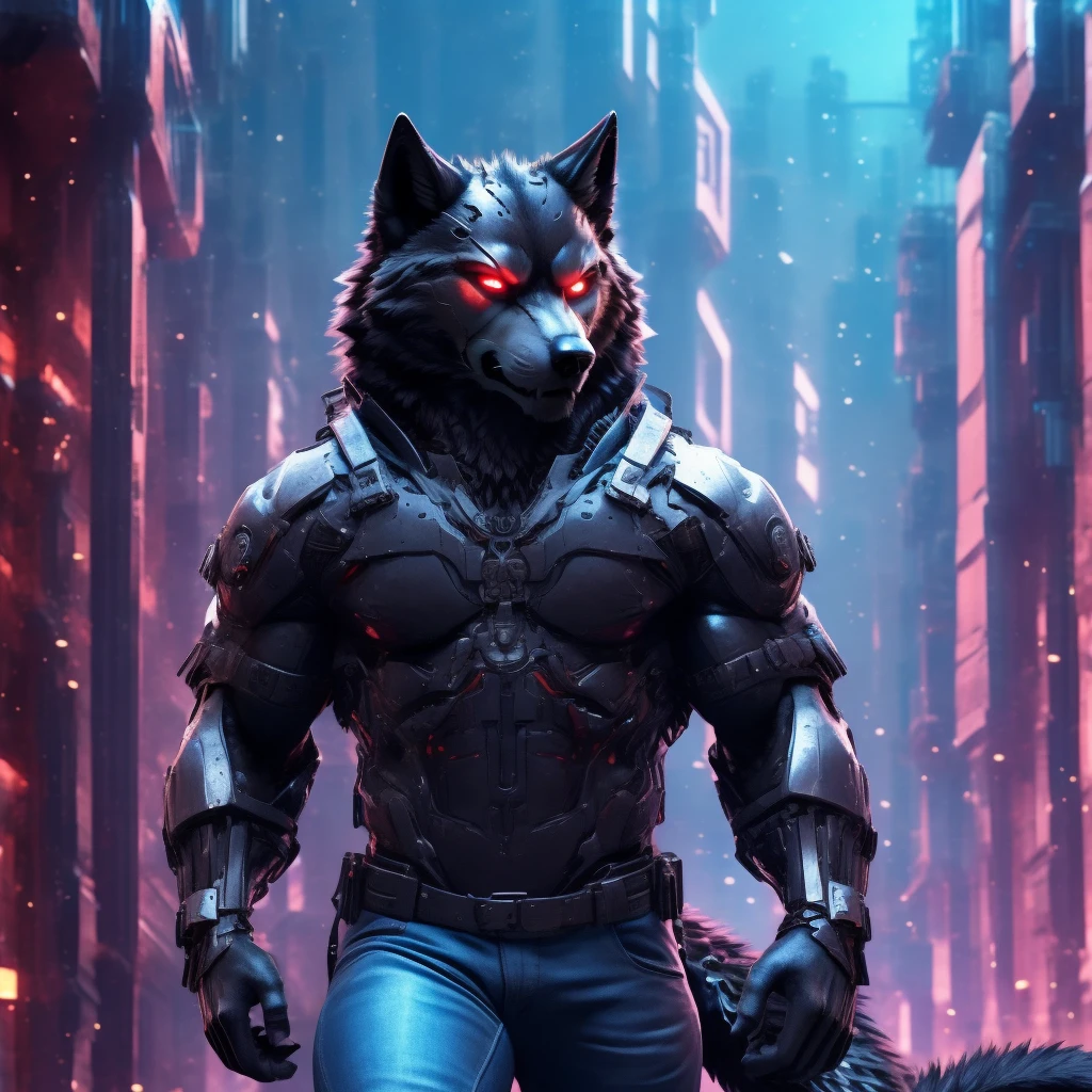 Posing, Male, 30 years old, snarl, visor, purple glowing eyes , anthro,  wolf ears, (black fur:1.5), cyber wolf, city background, 8k, hi res, (best quality, masterpiece), (wolf tail:1.5), detailed fur, solo, looking at camera, night, black leather jacket, Blue jeans,