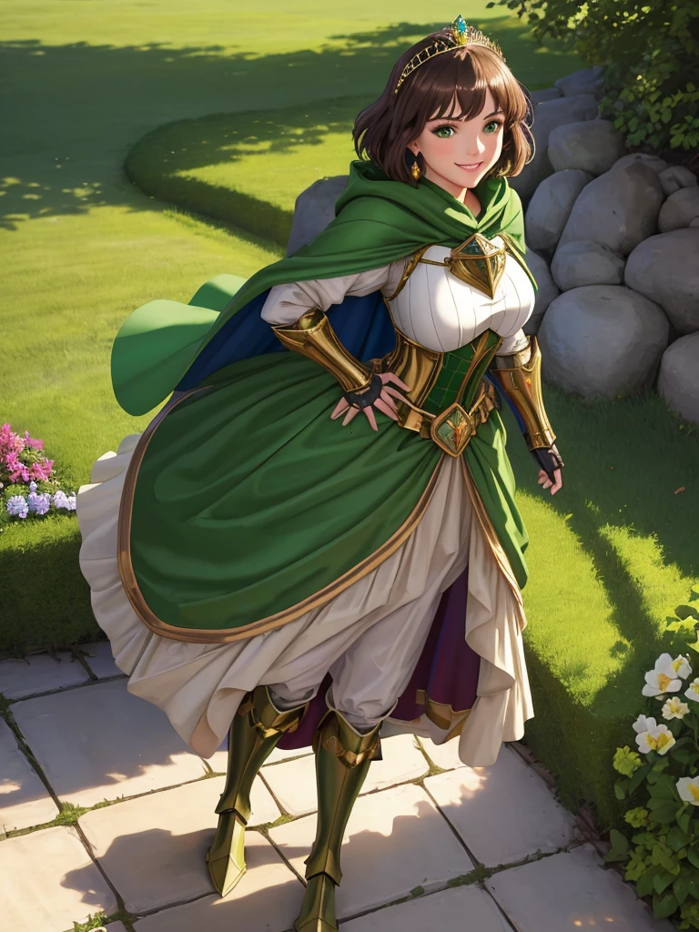 masterpiece, best quality:1.2), 1girl, smile, looking at viewer, green eyes, short brown hair, princess, armor, , pauldrons, armored dress, green cloak cape, wearing puffy blue ballgown skirt, golden tiara with green gem, armored boots, fingerless gloves, standing in medieval garden