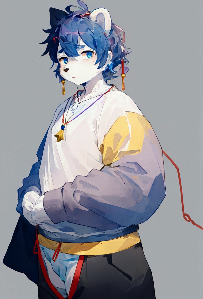 A bear have light blue fur with dark Dark blue beard with necklace The string is red and white and the part attached to the bottom of the string is a yellow circle, Wear a Light purple blue shirt There are two yellow belts underneath a white shirt, and wear Japanese-style underwear