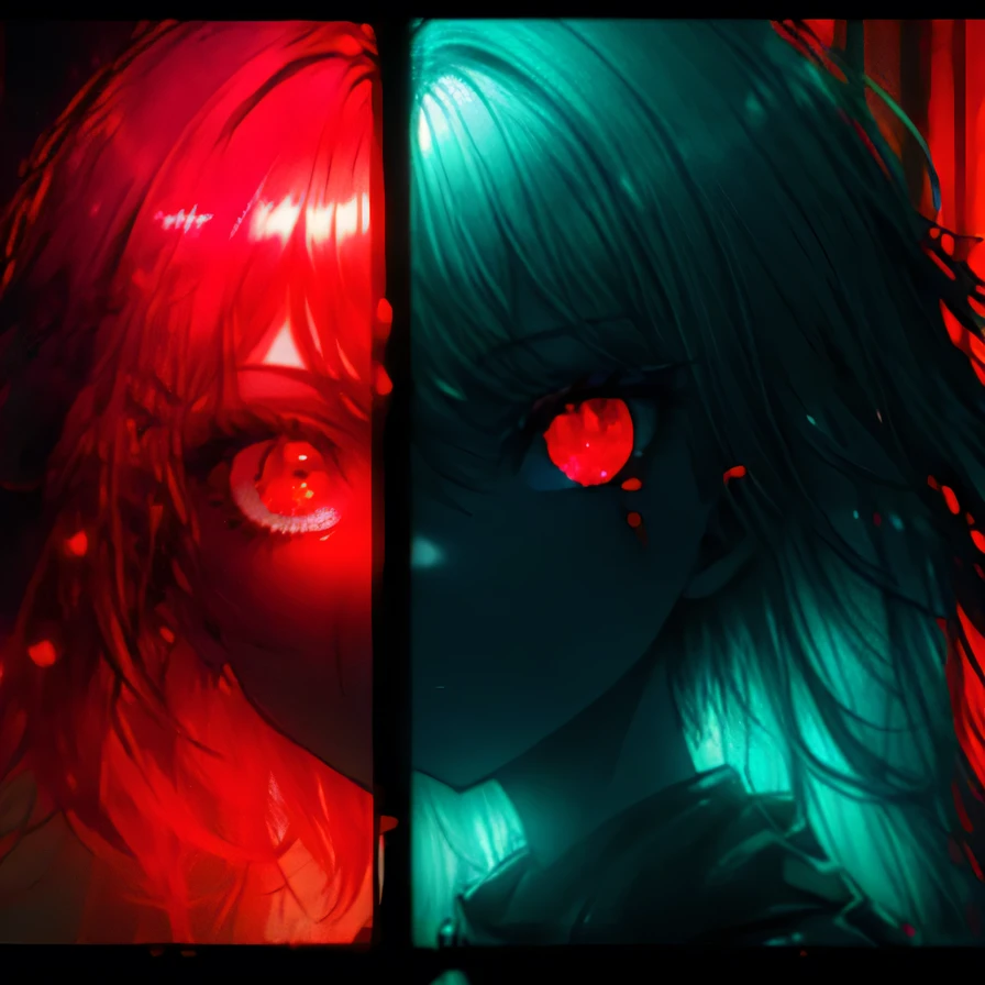 masterpiece, 1 girl, upper body, upclose, girl infront, looks at the viewer, Eyes in TV, Monitors with eyes in background, in doors, red eyes, blood, long blue hair, blue hair, many details, back facing viewer, head turned to look at viewer, emotionless, dim room, only light from tv monitors, monitors with eyes, Many screens showing different things, 1 girl in a screen, detailed eyes in the other screens, well lit, blood on face, blood on hair, blood dripping from eyes, eyes with crosses in them, pale skin, seperate monitors, emotionless face, bright colours, glowing eyes, long hair, white hair, eyes split in half, detailed, neon eyes, beautiful eyes, cool eyes, large monitor screen displaying beautiful eyes in background, girl in the center, silhouette of a girl in the center, red lighting, red eyes, blood, detailed, glowing, dim room, lighting from screens, massive screens displaying giant girl in the background , long hair,in a cinema room, dim lighting, bright lighting, red eyes, girl on screen panel, eyes in screen panels, long red hair, bright red hair, long hair, hair glowing, well lit, detailed, detailed lighting, well lit hair, well lit face, looking at viewer, dim room, screen monitor panels, monitors with girl in them, emotionless expression, eye in monitor screen, lots of monitor panels, sectioned panels, glowing eyes, red eyes,