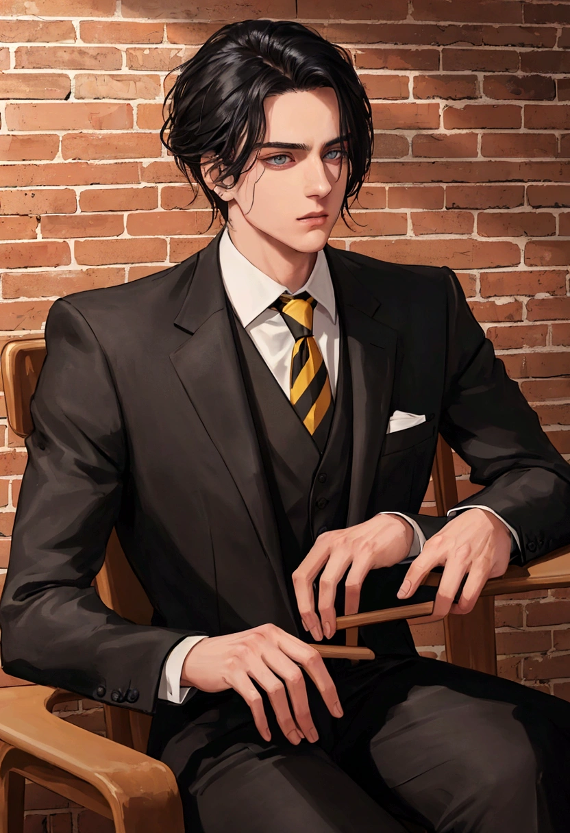 He is a cool guy with a black suit and yellow tie, his hair is modern and model-like, with a cool cartoon look. The room is a brick wall with no windows. It is dark like a prison. The background is a brick wall with only the model's face illuminated by a light, and he is sitting in a chair with a staring expression facing forward.