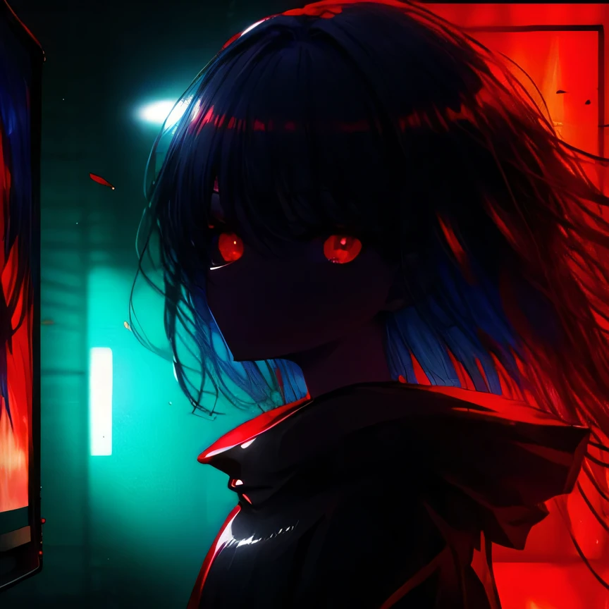 masterpiece, 1 girl, upper body, upclose, girl infront, looks at the viewer, Eyes in TV, Monitors with eyes in background, in doors, red eyes, blood, long blue hair, blue hair, many details, back facing viewer, head turned to look at viewer, emotionless, dim room, only light from tv monitors, monitors with eyes, Many screens showing different things, 1 girl in a screen, detailed eyes in the other screens, well lit, blood on hair, blood dripping from eyes, eyes with crosses in them, pale skin, seperate monitors, emotionless face, glowing eyes, long hair, white hair, eyes split in half, detailed, neon eyes, beautiful eyes, cool eyes, large monitor screen displaying beautiful eyes in background, girl in the center, silhouette of a girl in the center, red lighting, red eyes, blood, detailed, glowing, dim room, lighting from screens, massive screens displaying giant girl in the background , long hair,in a cinema room, dim lighting, bright lighting, red eyes, girl on screen panel, eyes in screen panels, long red hair, bright red hair, long hair, hair glowing, well lit, detailed, detailed lighting, well lit hair, well lit face, looking at viewer, dim room, screen monitor panels, monitors with girl in them, emotionless expression, eye in monitor screen, lots of monitor panels, sectioned panels, glowing eyes, red eyes,