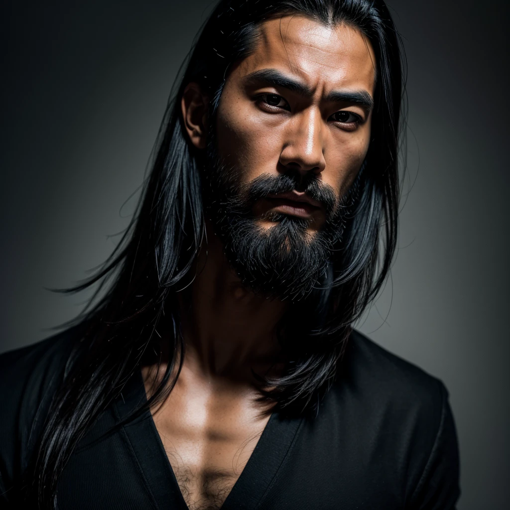 A highly detailed portrait of a Japanese man with long black hair and a full beard, dramatic lighting, realistic skin texture, intricate facial features, photorealistic quality, masterpiece, 8k, hyperrealistic, chiaroscuro lighting, moody atmosphere, intense gaze, masculine features, natural skin tones, depth of field, sharp focus, studio lighting, 3D rendering, cinematic, dramatic contrast, professional photography with black clothes