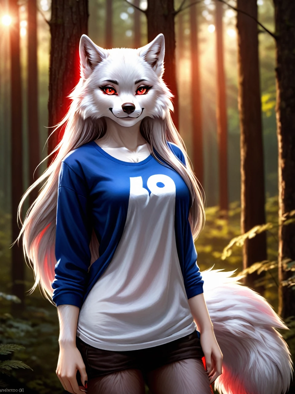 Posing, Female, 30 years old, cute, eyeliner, long hair, biting lip smile, blue shirt, bedroom eyes, anthro, wolf ears, (white fur:1.5), baggy shirt, wolf, forest background, 8k, hi res, (best quality, masterpiece), red glowing eyes, (wolf tail:1.5), (detailed fur:2.0), realistic