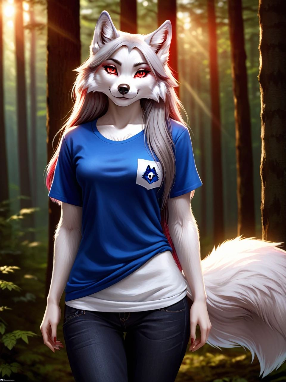 Posing, Female, 30 years old, cute, eyeliner, long hair, biting lip smile, blue shirt, bedroom eyes, anthro, wolf ears, (white fur:1.5), baggy shirt, wolf, forest background, 8k, hi res, (best quality, masterpiece), red glowing eyes, (wolf tail:1.5), (detailed fur:2.0), realistic 