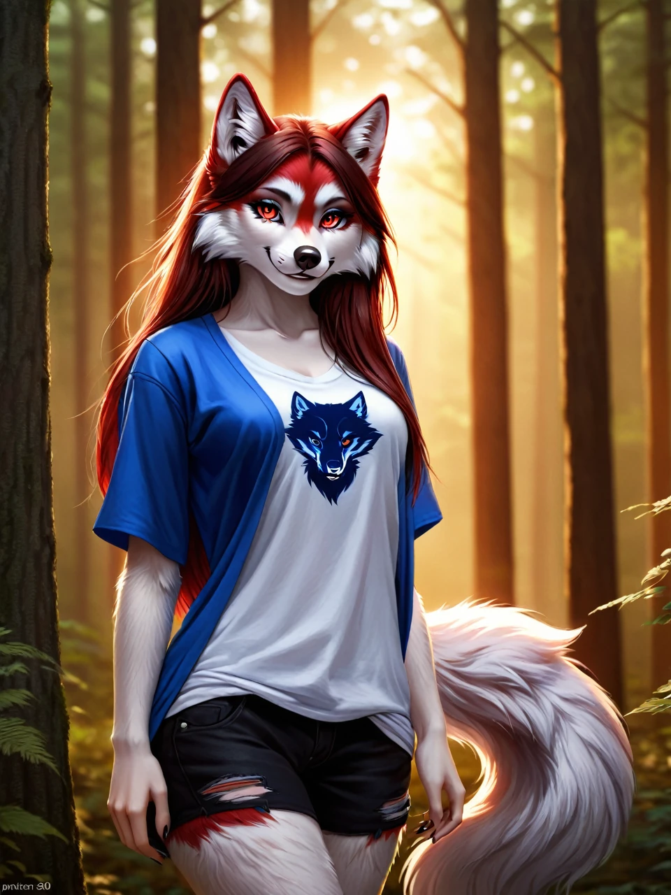Posing, Female, 30 years old, cute, eyeliner, long hair, biting lip smile, blue shirt, bedroom eyes, anthro, wolf ears, (white fur:1.5), baggy shirt, wolf, forest background, 8k, hi res, (best quality, masterpiece), red glowing eyes, (wolf tail:1.5), (detailed fur:2.0), realistic