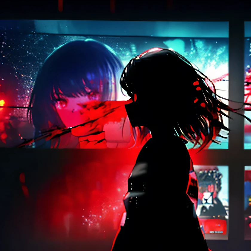 a woman with red eyes standing in front of a window, trending on pixiv, behind her is a scary atmosphere, panoramic centered view of girl, anime lighting, forced witness, glass cover, heavy makeup, (screens),A beautiful silhouette of girl with blood particles floating around her, illuminated by a flickering TV monitor displaying a mesmerizing artwork of anime girl,conveying a sense of mystery and intensity,by a renowned anime artist, with a dark and atmospheric background filled with screens and displays, yet captivating the viewer's gaze,(very long hair),(full width cinema screens and displays:1.4),(giant cinema screens and displays:1.6),(zoom at the face:1.3), ((focus on the face:1.3)),((there are girls in giant cinema screens and displays:1.9)), (multiple taint of red 0.6), (soft drops of blood tears), ((dark colors 1.6))
