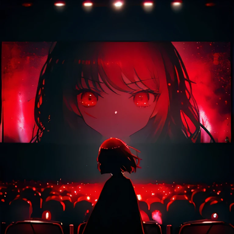 a woman with red eyes standing in front of a window, trending on pixiv, behind her is a scary atmosphere, panoramic centered view of girl, anime lighting, forced witness, glass cover, heavy makeup, (screens),A beautiful silhouette of girl with blood particles floating around her, illuminated by a flickering TV monitor displaying a mesmerizing artwork of anime girl,conveying a sense of mystery and intensity,by a renowned anime artist, with a dark and atmospheric background filled with screens and displays, yet captivating the viewer's gaze,(very long hair),(full width cinema screens and displays:1.4),(giant cinema screens and displays:1.6),(zoom at the face:1.3), ((focus on the face:1.3)),((there are girls in giant cinema screens and displays:1.9)), (multiple taint of red 0.6), (soft drops of blood tears), ((dark colors 1.6))