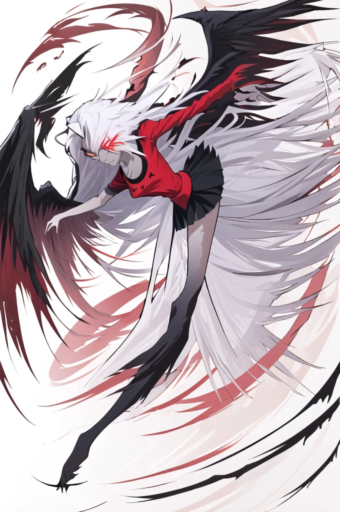 Vaggie, beautiful, dynamic wings and landing pose, solo, perfect anatomy, red shirt, black skirt, white hair, looking at viewer, upper body, white background, crossed  arms