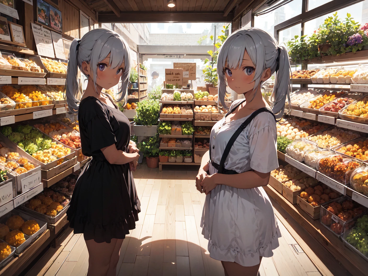 silver very very short low twintail hair girl, chocoskin, detailed vegitable shop, summer, panorama view, magnificent view, absurdres, 8k, detailed plants