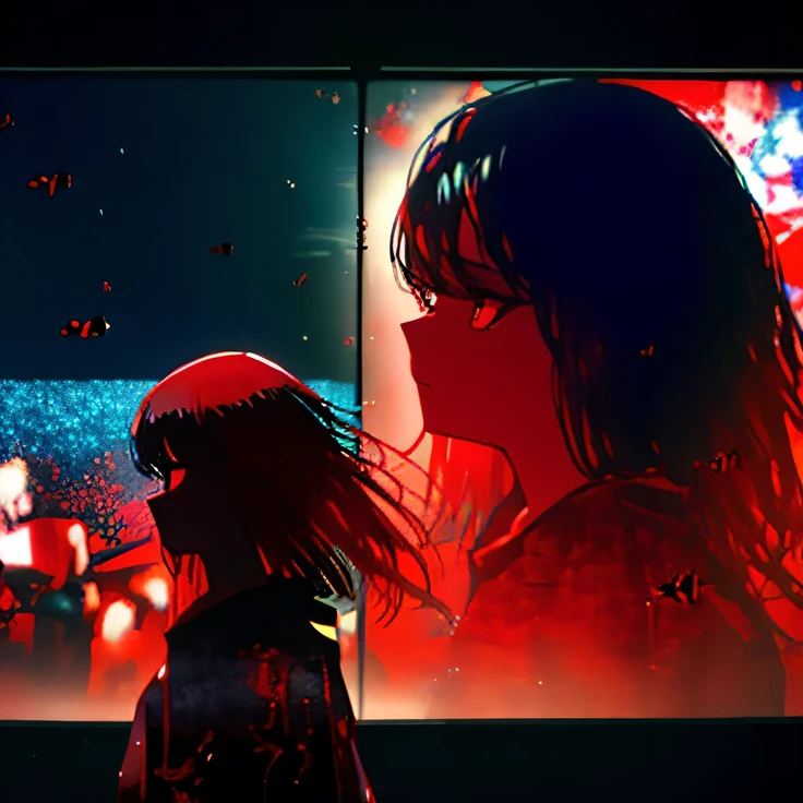 a woman with red eyes standing in front of a window, trending on pixiv, behind her is a scary atmosphere, panoramic centered view of girl, anime lighting, forced witness, glass cover, heavy makeup, (screens),A beautiful silhouette of girl with blood particles floating around her, illuminated by a flickering TV monitor displaying a mesmerizing artwork of anime girl,conveying a sense of mystery and intensity,by a renowned anime artist, with a dark and atmospheric background filled with screens and displays, yet captivating the viewer's gaze,(very long hair),(full width cinema screens and displays:1.4),(giant cinema screens and displays:1.6),(zoom at the face:1.3), ((focus on the face:1.3)),((there are girls in giant cinema screens and displays:1.9)), (multiple taint of red 0.6), (soft drops of blood tears), ((dark colors 1.6))