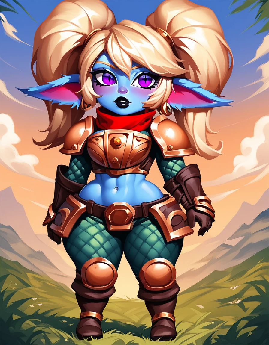 (Masterpiece),  huge hips, mature woman, thick, curvy, voluptuous, saggy, scenery, solo, Shiny skin, Source_anime,
middle breasts, black lipstick, bimbolips, big lips, cleavage, 

navel,  earrings, pointy ears, PoppyLoLXL, yordle, shortstack, purple eyes, blonde hair, twintails, blue skin, colored skin, golden armor, red scarf,green snakeskin shirt, green snakeskin pants, brown boots,