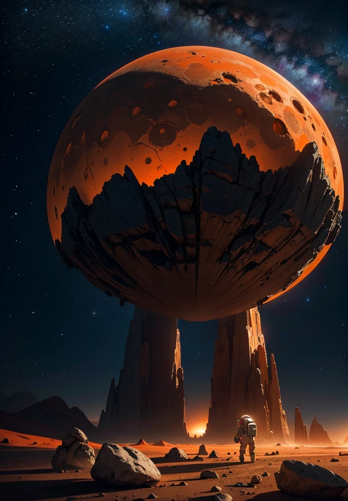 From a low angle, the camera captures an astronaut walking across the Martian landscape under a star-filled night sky. The scene begins with the foreground filled with scattered rocks and small stones, illuminated by the soft glow of the astronaut's helmet lights. The astronaut, positioned in the center of the composition, strides purposefully towards a stunning, colorful structure in the distance.
The structure, reminiscent of Martian architecture, stands out against the red-orange hue of the landscape, its intricate patterns and vibrant colors illuminated by subtle internal lighting. Behind the astronaut, jagged mountains rise majestically, their peaks etched against the backdrop of a starry cosmos.
Above, the night sky is a tapestry of stars and distant planets, casting a serene light over the scene. The atmosphere is quiet and otherworldly, with the only sound being the astronaut's steady footsteps on the rocky terrain. The composition conveys a sense of exploration and discovery, capturing the essence of humanity's journey into the unknown depths of the Martian night
