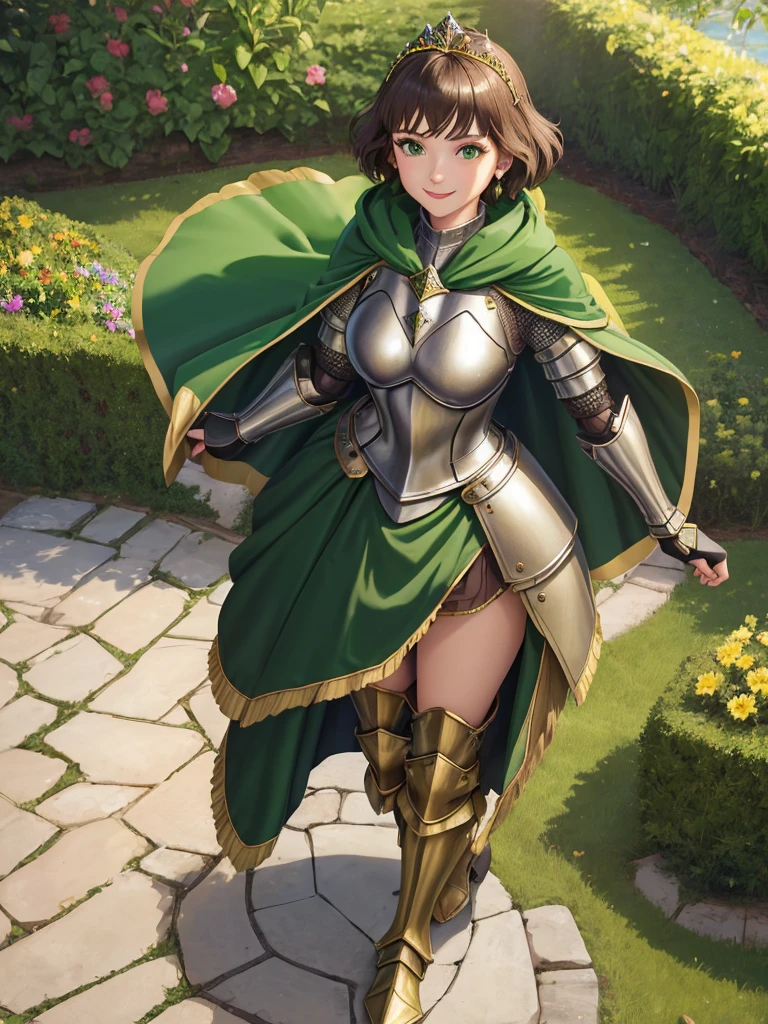 masterpiece, best quality:1.2), 1girl, smile, looking at viewer, green eyes, short brown hair, princess, armor, , pauldrons, armored dress, green cloak cape, wearing puffy blue ballgown skirt, golden tiara with green gem, armored boots, fingerless gloves, standing in medieval garden