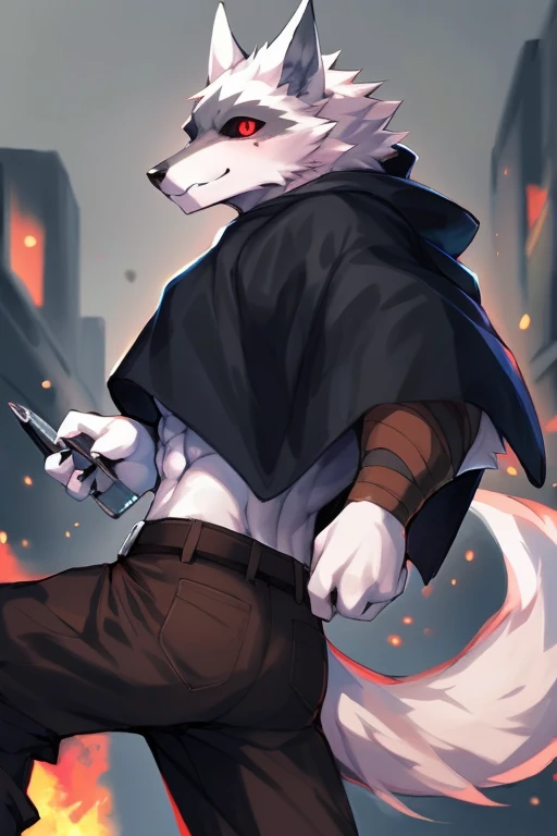 death wolf, 
best qualityer, high nothing, Masterpiece artwork, by kiyosan, (por null-ghost:0.5), 
solo, detailedeyes, volume illumination, fine-details, fully body, Action Pose, layer, (missiles: 0.9), black layer, poncho, poncho therefore,saruel marrom, brown saruel pants
white hair, Eyes red, black sclera, 
muscular, natta, detailed back ground, beco,