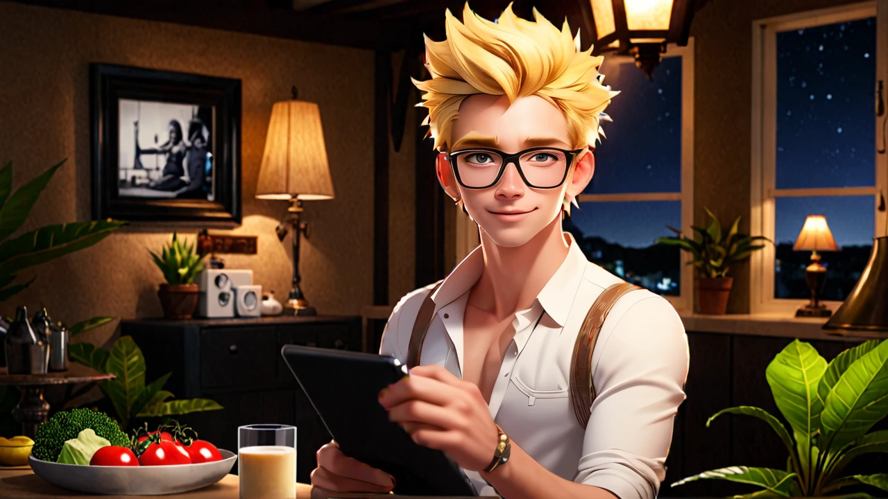 Jake , a blond model of 20 years old , wearing a suite and glasses, happy and excited model , on a holiday , villa in bali beach , ultra detail, high resolution, ultra detailed, best quality, amazing, top quality, extremely detailed CG unity 8k wallpaper, cinematic lighting.