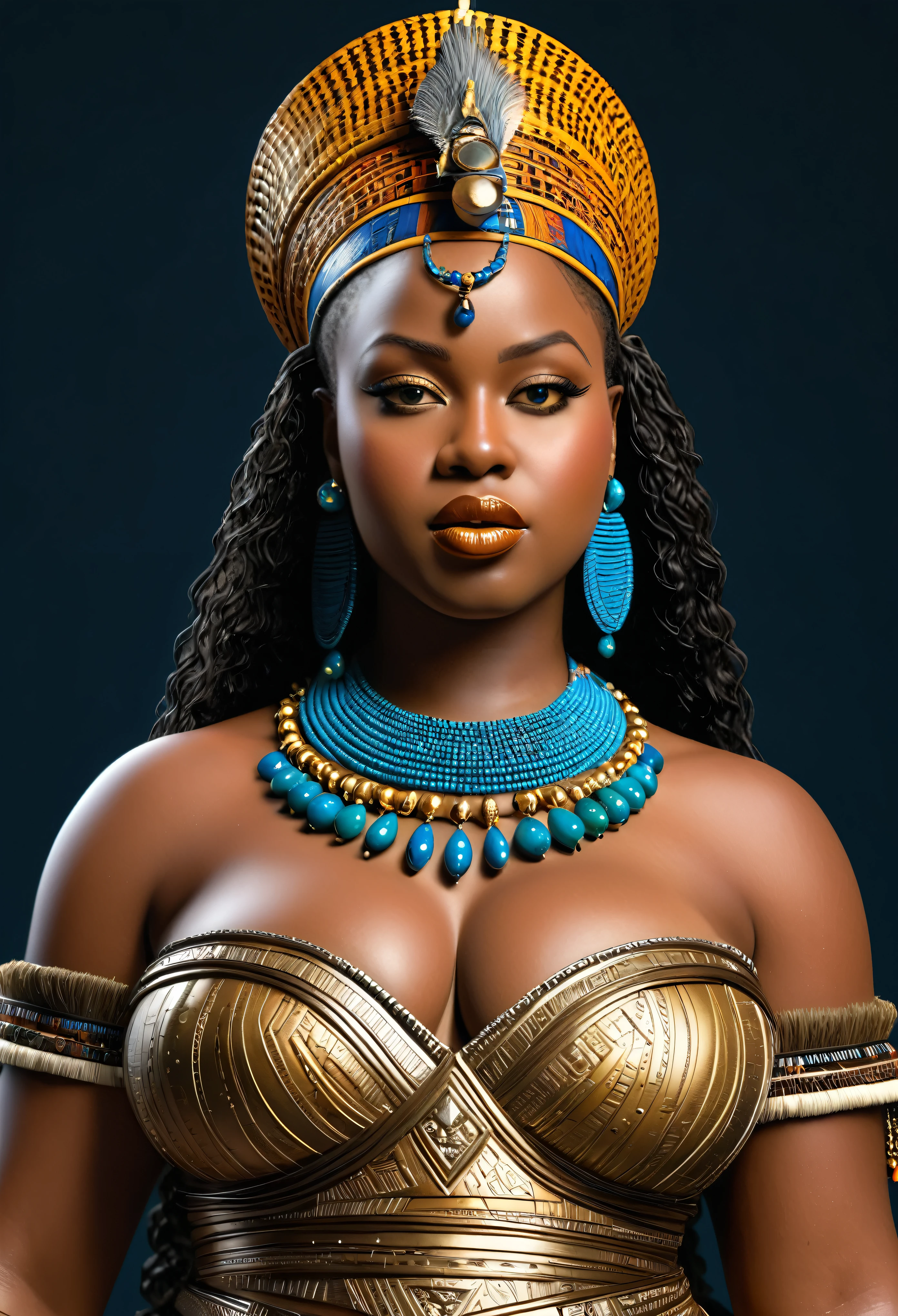 a highly detailed, realistic representation of Queen Nzinga, thick figure, curvy, voluptuous, attractive, gorgeous, beautiful, queen, African warrior attire, adorned with tribal jewelry and a striking expression, skin pores, skin texture,