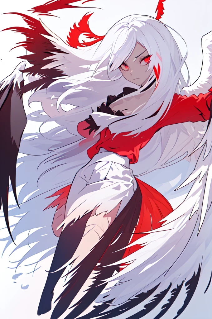 gray hair, nude,naked, nipple, cum in pussy, breast milk, long hair, red eyes, angel wings,large breasts, bare shoulders, elbow gloves, feathered wings, gloves, head wings, navel, red ribbon, ribbon, single elbow glove, single glove, thigh strap, wings, black wings, lipstick, red lips,