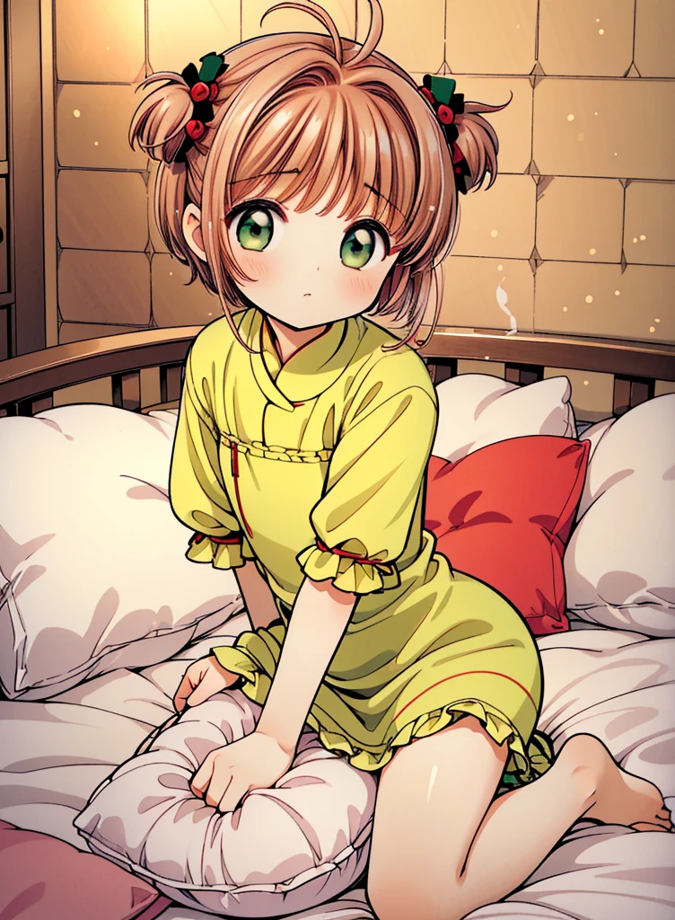 （masterpiece，best quality，best quality, masterpiece），my own, , , (适合任何Pillow背景的光影））, 穿着pajamas可爱女孩在Pillow上摆姿势 ，pajamas，,（很多Pillow），Soft cushion，，，，很多Pillow，，，（Pillow），（A tail），，（充满细节的Pillow），（Love around the protagonist），Steam，，（Pillow），（palace），（Palace bedroom），（Pillow），柔软的Pillow，，（Classical European style bedroom ），（excited，shy person，Lack of expressiveness，），，, ((Maximum resolution)), artwork, ，,,(Interior of the palace),,(Deluxe Rococo Canopy King Bed),On a big and spacious bed,(),,,,Luxurious curtains with ornate ruffles and ribbons surround the bed,((((There are many pillows piled on the bed)))),Detail of Quilt,Detailed bed sheets,Ruffled Bed Skirt,Deep Bed,Background with depth,((详细的Pillow)), ((((大量的Pillow))))，,Shaking lines，,Flowing liquid，Violent body shaking，Violent shaking lines，详细的软Pillow,,((女孩正躺在许多柔软的Pillow上,周围有许多Pillow))，。Many small feathers fluttering、 带褶边和缎带的长裙pajamas、In a huge, Large canopy bed、Soft pink sheets and quilt、色彩鲜艳的柔软Pillow、很多带褶边的Pillow和带褶边的床裙、Soft toned bed、Ruffled curtains around the bed.。Delicate face。Background with depth,kinomoto sakura,(kinomoto sakura, 1girl, brown hair, short hair, antenna hair, , green eyes),,