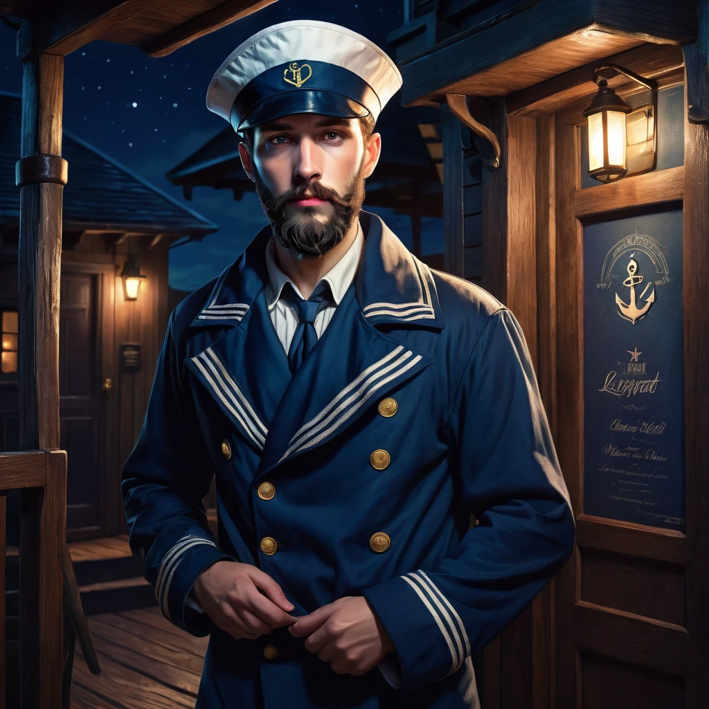 handsome man, trimmed beard, charismatic, mysterious, worried look, dressed as a sailor, sailor's jacket, sailor's cap, at night, enters the entrance of a tavern, three quarter face, lovecraft art
