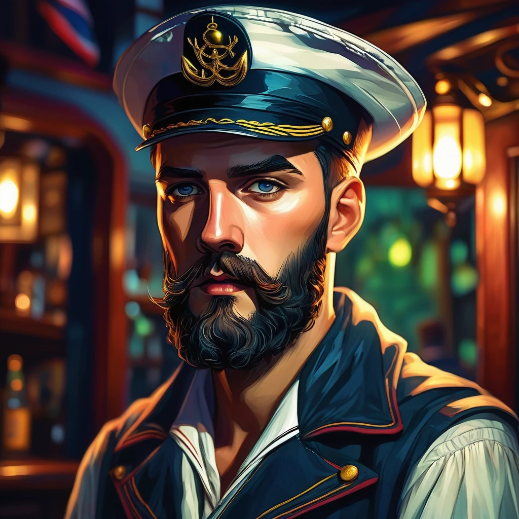 handsome man, trimmed beard, charismatic, mysterious, worried look, dressed as a sailor, sailor's jacket, sailor's cap, at night, enters the entrance of a tavern, three quarter face, lovecraft art