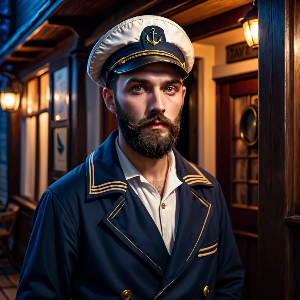 handsome man, trimmed beard, charismatic, mysterious, worried look, dressed as a sailor, sailor's jacket, sailor's cap, at night, enters the entrance of a tavern, three quarter face, lovecraft art