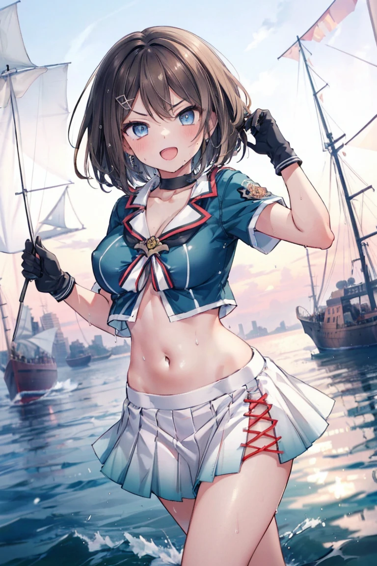 1young__ girl, , brown_hair, medium_bob_hair, blue_midriff_baring_sailor_uniform, mini_skirt, short_sleeve, thighs, big_breasts, angry, smile, open_mouth, standing, harbor_background, slightly_spread_Legs, happiness, short_gloves, wet,,covered_nipples, covered_crotch,Maya_flag,