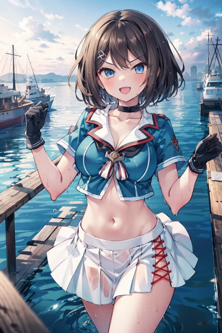 1young__ girl, , brown_hair, medium_bob_hair, blue_midriff_baring_sailor_uniform, mini_skirt, short_sleeve, thighs, big_breasts, angry, smile, open_mouth, standing, harbor_background, slightly_spread_Legs, happiness, short_gloves, wet,,covered_nipples, covered_crotch,Maya_flag,