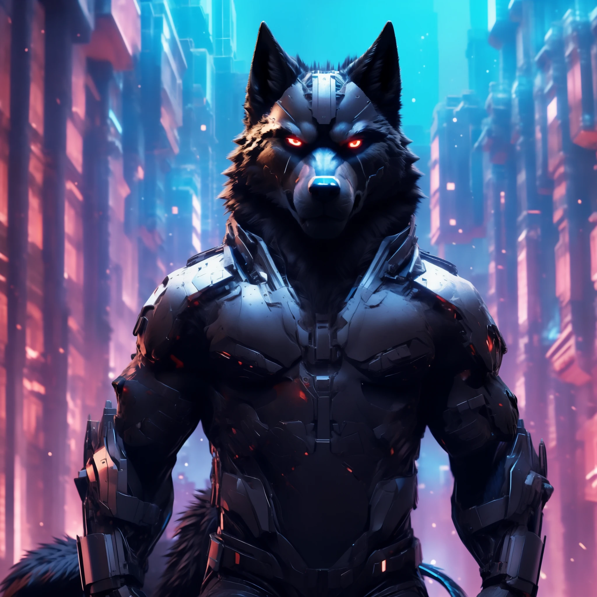 Posing, Male, 30 years old, snarl, visor, purple glowing eyes , anthro,  wolf ears, (black fur:1.5), cyber wolf, city background, 8k, hi res, (best quality, masterpiece), (wolf tail:1.5), detailed fur, solo, looking at camera, night, black leather jacket, Blue jeans,