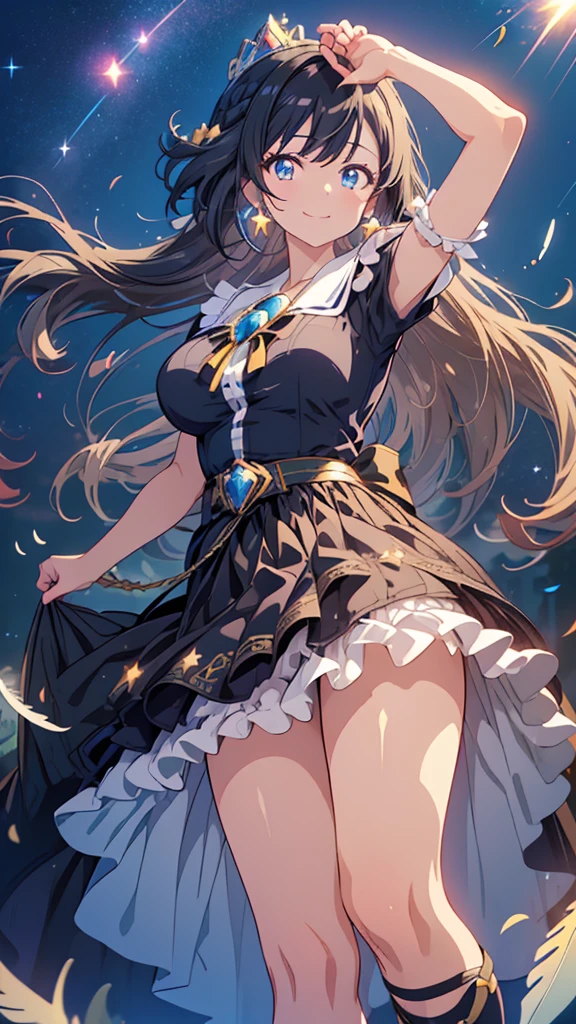 best quality, extremely detailed, anime style adult 1girl, long hair down to the waist, straight hair, ((dark black hair with bluish)),crown braid,beautiful detailed eyes, pinched eyes, dark blue eyes, huge breasts,curvy,(((princess motif magical dress))),longskirt,Clothing with intricate decorations,((feather and colorful accessory)),((foppery shoes)),fluttering cloak,((((light smile)))),((((under starrysky)))),animation cap,animated gif,((in precure style))