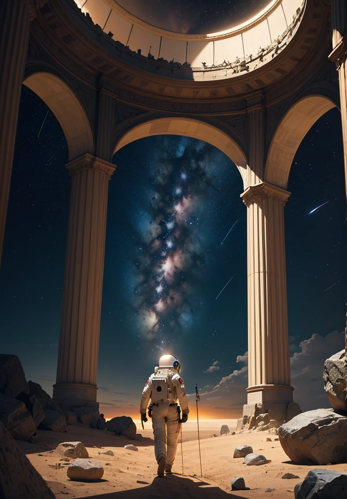 From a low angle, the camera captures an astronaut walking across the Martian landscape under a star-filled night sky. The scene begins with the foreground filled with scattered rocks and small stones, illuminated by the soft glow of the astronaut's helmet lights. The astronaut, positioned in the center of the composition, strides purposefully towards a stunning, colorful structure in the distance.
The structure, reminiscent of Martian architecture, stands out against the red-orange hue of the landscape, its intricate patterns and vibrant colors illuminated by subtle internal lighting. Behind the astronaut, jagged mountains rise majestically, their peaks etched against the backdrop of a starry cosmos.
Above, the night sky is a tapestry of stars and distant planets, casting a serene light over the scene. The atmosphere is quiet and otherworldly, with the only sound being the astronaut's steady footsteps on the rocky terrain. The composition conveys a sense of exploration and discovery, capturing the essence of humanity's journey into the unknown depths of the Martian night