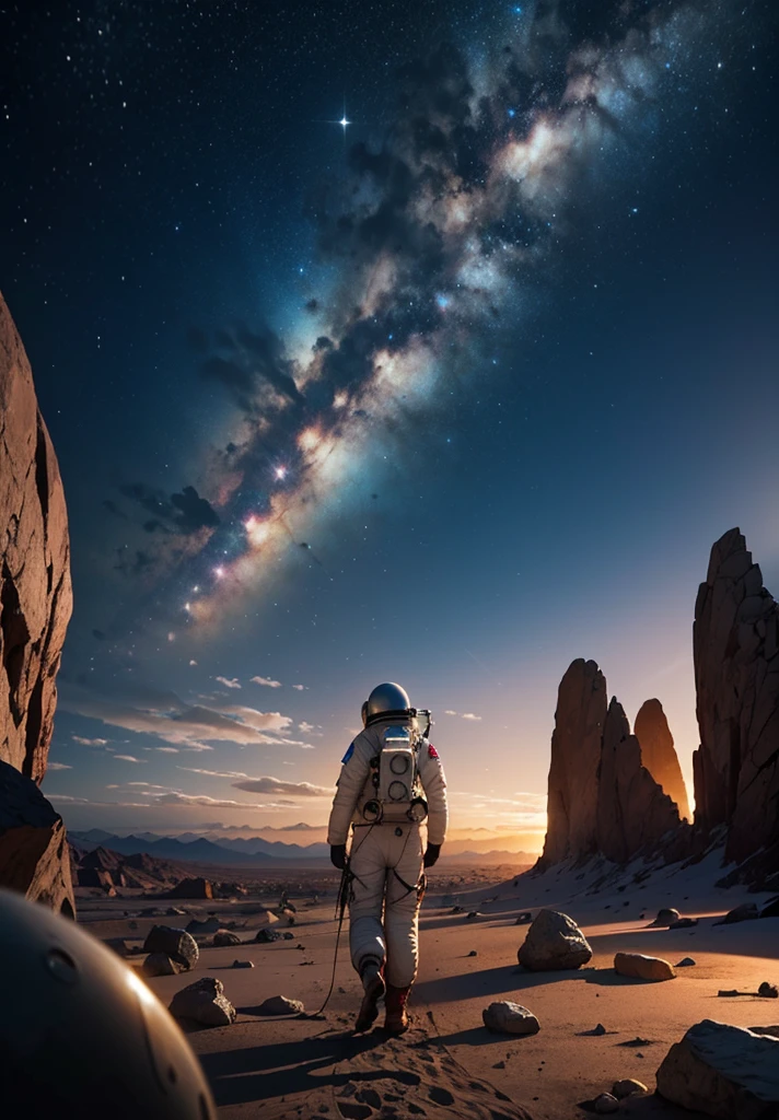 From a low angle, the camera captures an astronaut walking across the Martian landscape under a star-filled night sky. The scene begins with the foreground filled with scattered rocks and small stones, illuminated by the soft glow of the astronaut's helmet lights. The astronaut, positioned in the center of the composition, strides purposefully towards a stunning, colorful structure in the distance.

The structure, reminiscent of Martian architecture, stands out against the red-orange hue of the landscape, its intricate patterns and vibrant colors illuminated by subtle internal lighting. Behind the astronaut, jagged mountains rise majestically, their peaks etched against the backdrop of a starry cosmos.

Above, the night sky is a tapestry of stars and distant planets, casting a serene light over the scene. The atmosphere is quiet and otherworldly, with the only sound being the astronaut's steady footsteps on the rocky terrain. The composition conveys a sense of exploration and discovery, capturing the essence of humanity's journey into the unknown depths of the Martian night