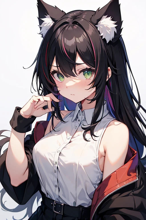 1girl, animal_ear_fluff, animal_ears, bangs, bare_shoulders, black_hair, blush, breasts, cat_ears, closed_mouth, eyebrows_visible_through_hair, green_eyes, grey_background, hair_between_eyes, karyl_(princess_connect!), long_hair, looking_at_viewer, medium_breasts, multicolored_hair, shirt, simple_background, sleeveless, sleeveless_shirt, solo, upper_body, white_background, white_shirt,