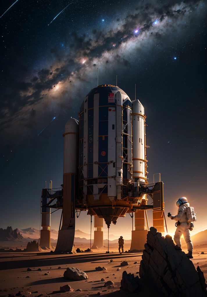 From a low angle, the camera captures an astronaut walking across the Martian landscape under a star-filled night sky. The scene begins with the foreground filled with scattered rocks and small stones, illuminated by the soft glow of the astronaut's helmet lights. The astronaut, positioned in the center of the composition, strides purposefully towards a stunning, colorful structure in the distance.

The structure, reminiscent of Martian architecture, stands out against the red-orange hue of the landscape, its intricate patterns and vibrant colors illuminated by subtle internal lighting. Behind the astronaut, jagged mountains rise majestically, their peaks etched against the backdrop of a starry cosmos.

Above, the night sky is a tapestry of stars and distant planets, casting a serene light over the scene. The atmosphere is quiet and otherworldly, with the only sound being the astronaut's steady footsteps on the rocky terrain. The composition conveys a sense of exploration and discovery, capturing the essence of humanity's journey into the unknown depths of the Martian night