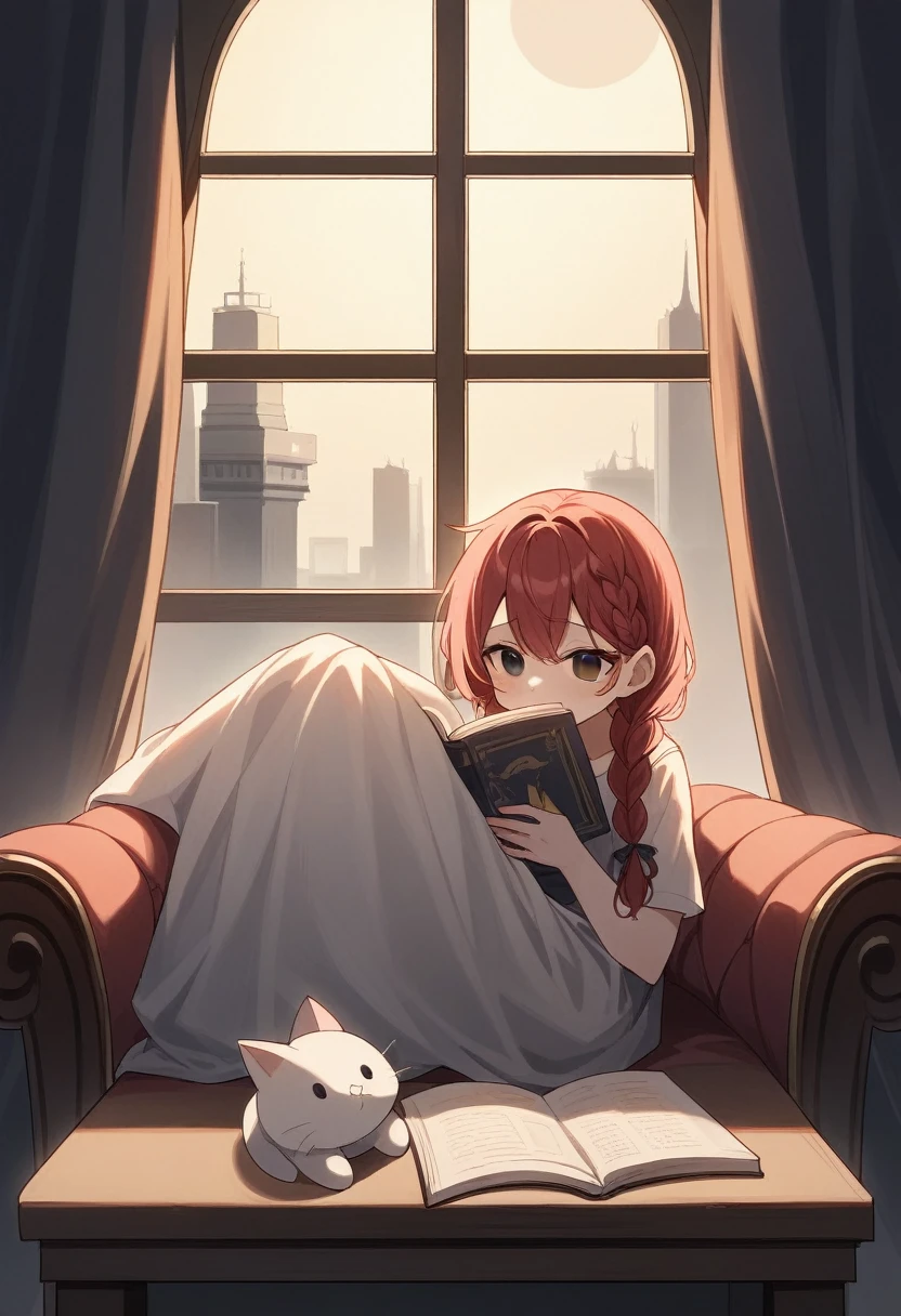 A beautiful 22-year-old woman with a perfect face, long, red hair styled in a braid, and captivating black eyes sits curled up in a plush armchair near a window, completely absorbed in reading a worn leather-bound book. Moonlight streams softly through a large window, illuminating dust motes dancing in the air. A white cat sits regally on the table in front of her, gazing out the window at the cityscape below, bathed in the cool, calming light of the distant moon. The peaceful night lighting and soft moonlight create a serene mood, perfect for a lofi girl illustration. Render the scene in a detailed anime style, suitable for 8K- ultra HD resolution.