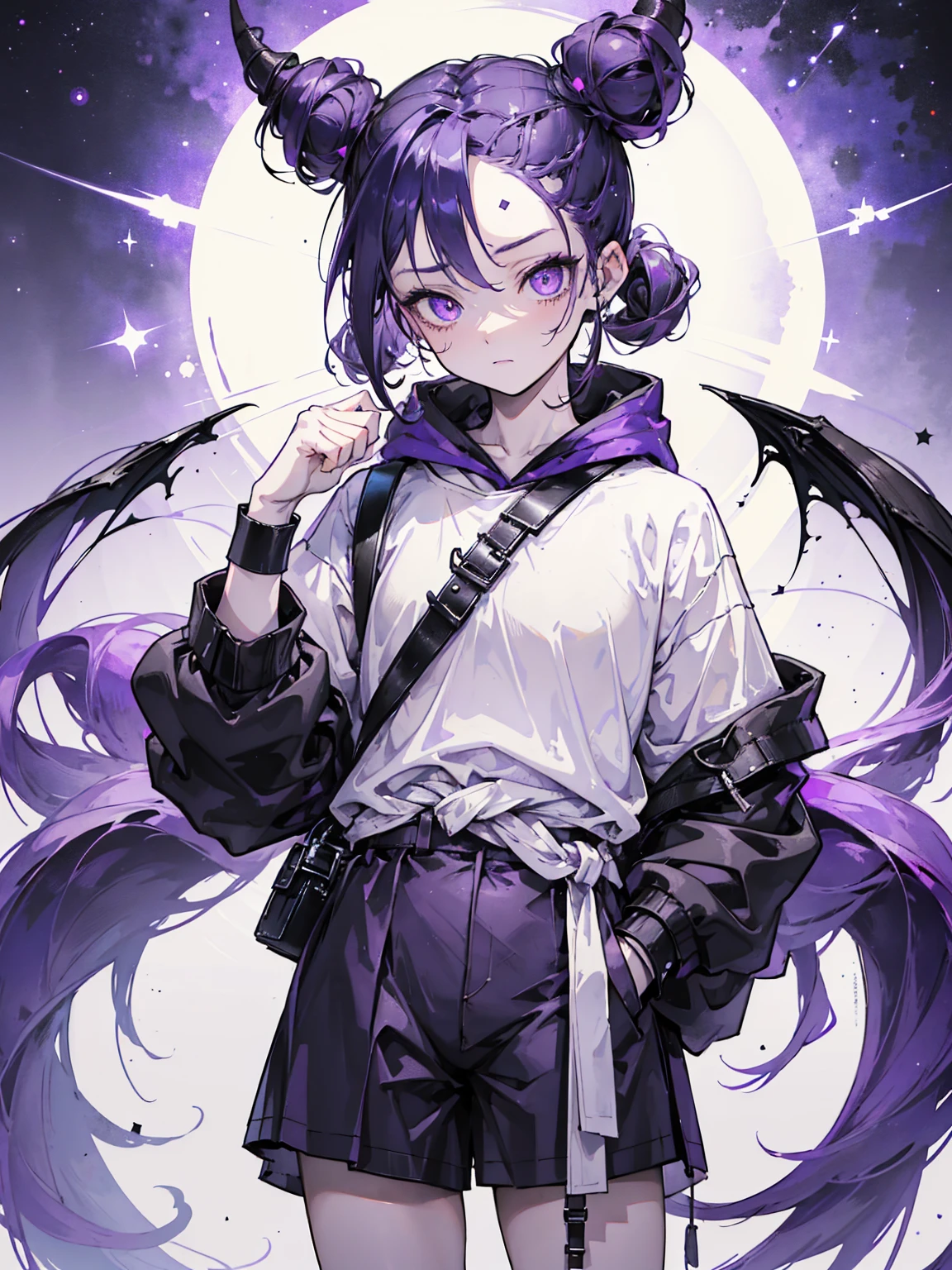 boy. thoughtful look. open forehead. black and purple hair tied in a bun on the left side to one side. winding black horns wrapped in white ribbon. white violet eyes. in short dark purple shorts. long white T-shirt. dark purple knee-high socks. dark purple long cloak inside white with hood. background - moonlight and stars Solar system, Flying pages